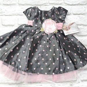 Sweetheart Rose Baby Girls Fancy Dress Gray Pink Rosette Lace Tulle Sz 18 Months